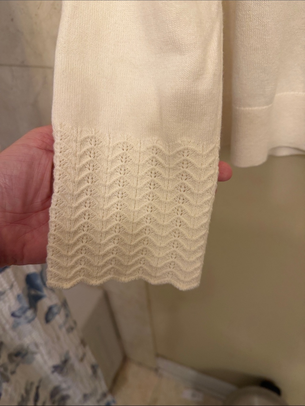 Boden Cream Cardigan with Navy Buttons and Ruffle Collar Trim - Picture 3 of 4